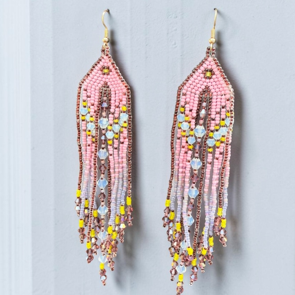 Pink Beaded Fringe Earrings Women's Jewelry boho long earrings